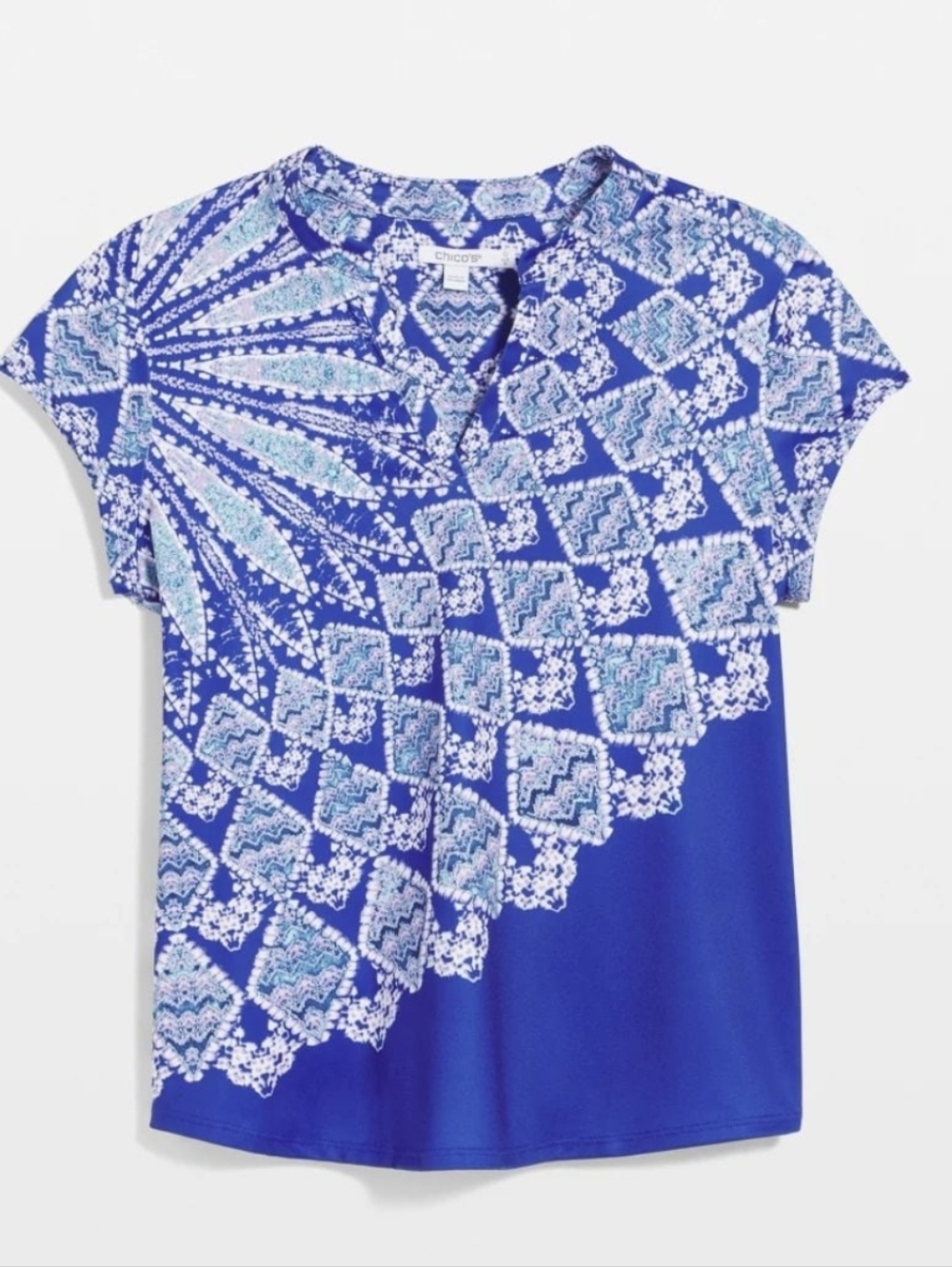 Chico's Blue Geometric Fan-Print Short Sleeve Top